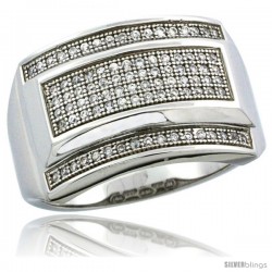 Sterling Silver Men's Large Rectangular Ring 90 Micro Pave CZ Stones, 19/32 in (15 mm) wide