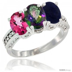 10K White Gold Natural Pink Topaz, Mystic Topaz & Lapis Ring 3-Stone Oval 7x5 mm Diamond Accent