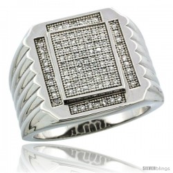 Sterling Silver Men's Large Rectangular Ribbed Ring 97 Micro Pave CZ Stones, 3/4 in (18 mm) wide