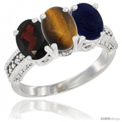 10K White Gold Natural Garnet, Tiger Eye & Lapis Ring 3-Stone Oval 7x5 mm Diamond Accent