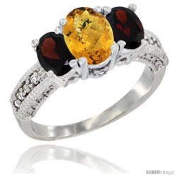 10K White Gold Ladies Oval Natural Whisky Quartz 3-Stone Ring with Garnet Sides Diamond Accent