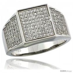 Sterling Silver Men's Square Ring 170 Micro Pave CZ Stones, 1/2 in (12 mm) wide