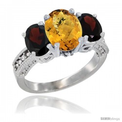 10K White Gold Ladies Natural Whisky Quartz Oval 3 Stone Ring with Garnet Sides Diamond Accent