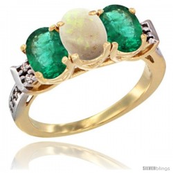 10K Yellow Gold Natural Opal & Emerald Sides Ring 3-Stone Oval 7x5 mm Diamond Accent