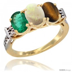 10K Yellow Gold Natural Emerald, Opal & Tiger Eye Ring 3-Stone Oval 7x5 mm Diamond Accent