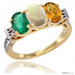 10K Yellow Gold Natural Emerald, Opal & Whisky Quartz Ring 3-Stone Oval 7x5 mm Diamond Accent