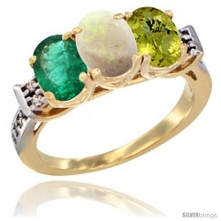 10K Yellow Gold Natural Emerald, Opal & Lemon Quartz Ring 3-Stone Oval 7x5 mm Diamond Accent