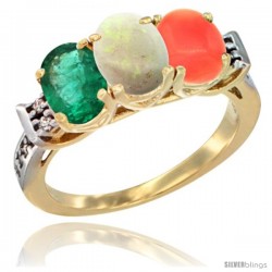 10K Yellow Gold Natural Emerald, Opal & Coral Ring 3-Stone Oval 7x5 mm Diamond Accent