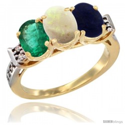 10K Yellow Gold Natural Emerald, Opal & Lapis Ring 3-Stone Oval 7x5 mm Diamond Accent