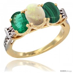 10K Yellow Gold Natural Emerald, Opal & Malachite Ring 3-Stone Oval 7x5 mm Diamond Accent