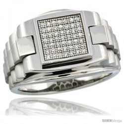 Sterling Silver Men's Rolex Style Square Ring 49 Micro Pave CZ Stones, 5/8 in (16 mm) wide