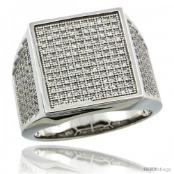 Sterling Silver Men's Large Square Ring 262 Micro Pave CZ Stones, 3/4 in (17 mm) wide