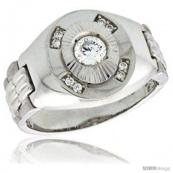 Sterling Silver Men's Style Ring CZ Stones, 1/2 in (15 mm) wide