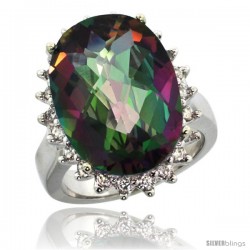 14k White Gold Diamond Halo Mystic Topaz Ring 10 ct Large Oval Stone 18x13 mm, 7/8 in wide