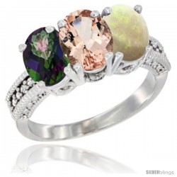 14K White Gold Natural Mystic Topaz, Morganite & Opal Ring 3-Stone 7x5 mm Oval Diamond Accent