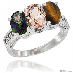 14K White Gold Natural Mystic Topaz, Morganite & Tiger Eye Ring 3-Stone 7x5 mm Oval Diamond Accent