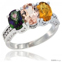 14K White Gold Natural Mystic Topaz, Morganite & Whisky Quartz Ring 3-Stone 7x5 mm Oval Diamond Accent