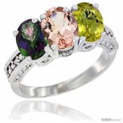 14K White Gold Natural Mystic Topaz, Morganite & Lemon Quartz Ring 3-Stone 7x5 mm Oval Diamond Accent