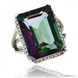 14k White Gold Diamond Mystic Topaz Ring 14.96 ct Emerald shape 18x13 mm Stone, 13/16 in wide