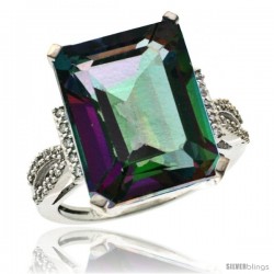 14k White Gold Diamond Mystic Topaz Ring 12 ct Emerald Shape 16x12 Stone 3/4 in wide