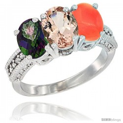 14K White Gold Natural Mystic Topaz, Morganite & Coral Ring 3-Stone 7x5 mm Oval Diamond Accent