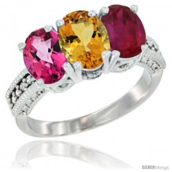 10K White Gold Natural Pink Topaz, Citrine & Ruby Ring 3-Stone Oval 7x5 mm Diamond Accent