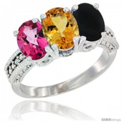 10K White Gold Natural Pink Topaz, Citrine & Black Onyx Ring 3-Stone Oval 7x5 mm Diamond Accent