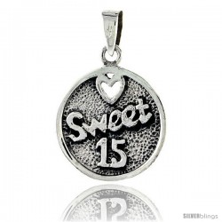 Sterling Silver Quinceanera Sweet 15 Round Talking Pendant, 3/4 in tall