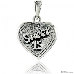 Sterling Silver Quinceanera Sweet 15 Heart-shaped Pendant, 7/8 in tall