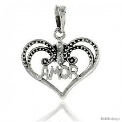 Sterling Silver AMOR Heart Cut-out Pendant, 1 in wide