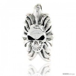 Sterling Silver Skull and Flames Pendant, 1 1/8 in tall