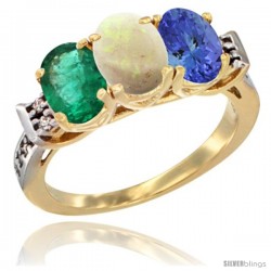 10K Yellow Gold Natural Emerald, Opal & Tanzanite Ring 3-Stone Oval 7x5 mm Diamond Accent