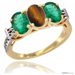 10K Yellow Gold Natural Tiger Eye & Emerald Sides Ring 3-Stone Oval 7x5 mm Diamond Accent