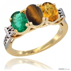 10K Yellow Gold Natural Emerald, Tiger Eye & Whisky Quartz Ring 3-Stone Oval 7x5 mm Diamond Accent