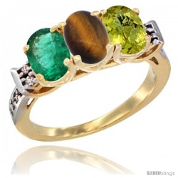 10K Yellow Gold Natural Emerald, Tiger Eye & Lemon Quartz Ring 3-Stone Oval 7x5 mm Diamond Accent