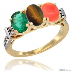 10K Yellow Gold Natural Emerald, Tiger Eye & Coral Ring 3-Stone Oval 7x5 mm Diamond Accent