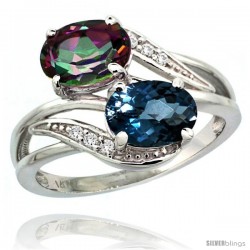 14k White Gold ( 8x6 mm ) Double Stone Engagement London Blue & Mystic Topaz Ring w/ 0.07 Carat Brilliant Cut Diamonds & 2.34