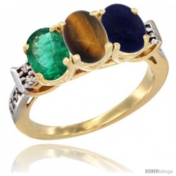 10K Yellow Gold Natural Emerald, Tiger Eye & Lapis Ring 3-Stone Oval 7x5 mm Diamond Accent