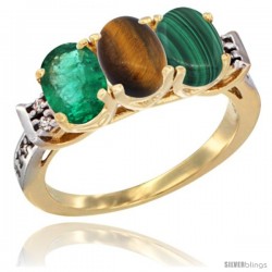 10K Yellow Gold Natural Emerald, Tiger Eye & Malachite Ring 3-Stone Oval 7x5 mm Diamond Accent