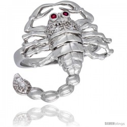 Sterling Silver Men's Scorpion Ring Brilliant Cut Cubic Zirconia Stones, 24mm (15/16 in) wide