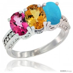 10K White Gold Natural Pink Topaz, Citrine & Turquoise Ring 3-Stone Oval 7x5 mm Diamond Accent