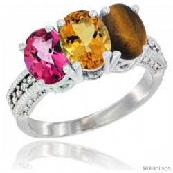 10K White Gold Natural Pink Topaz, Citrine & Tiger Eye Ring 3-Stone Oval 7x5 mm Diamond Accent