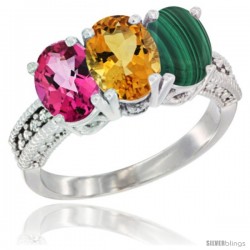 10K White Gold Natural Pink Topaz, Citrine & Malachite Ring 3-Stone Oval 7x5 mm Diamond Accent