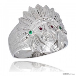 Sterling Silver Men's Indian Chief Ring Brilliant Cut Cubic Zirconia Stones, 19mm (3/4 in) wide