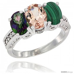 14K White Gold Natural Mystic Topaz, Morganite & Malachite Ring 3-Stone 7x5 mm Oval Diamond Accent