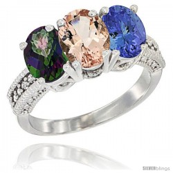 14K White Gold Natural Mystic Topaz, Morganite & Tanzanite Ring 3-Stone 7x5 mm Oval Diamond Accent