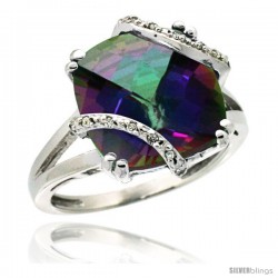 14k White Gold Diamond Mystic Topaz Ring 7.5 ct Cushion Cut 12 mm Stone, 1/2 in wide