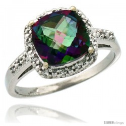 14k White Gold Diamond Mystic Topaz Ring 2.08 ct Cushion cut 8 mm Stone 1/2 in wide