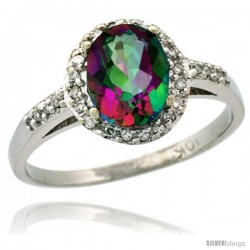 14k White Gold Diamond Mystic Topaz Ring Oval Stone 8x6 mm 1.17 ct 3/8 in wide