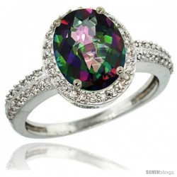 14k White Gold Diamond Mystic Topaz Ring Oval Stone 10x8 mm 2.4 ct 1/2 in wide